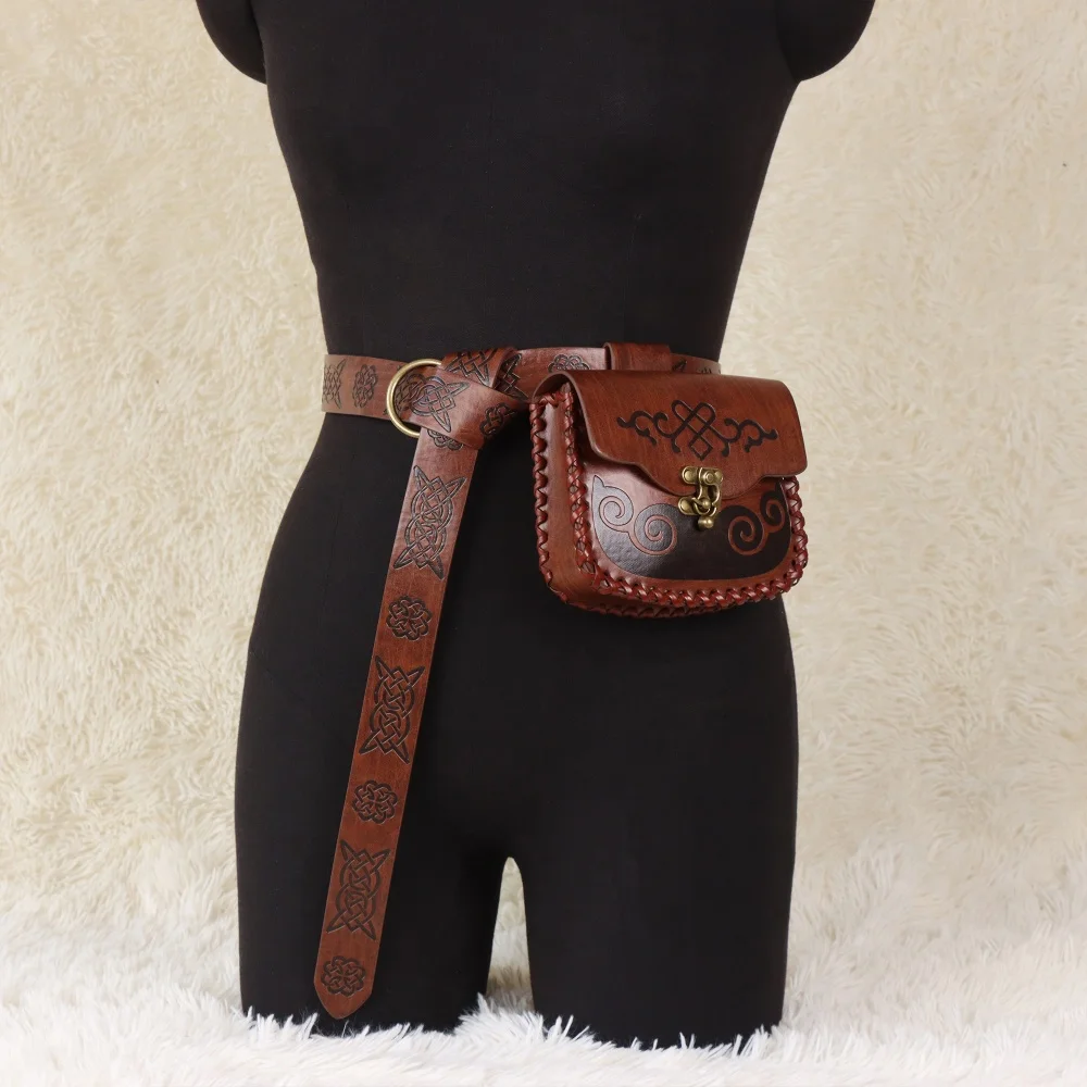 2-piece medieval-themed party belt with waist bag, PU leather belt, role-playing prop, party supplies.