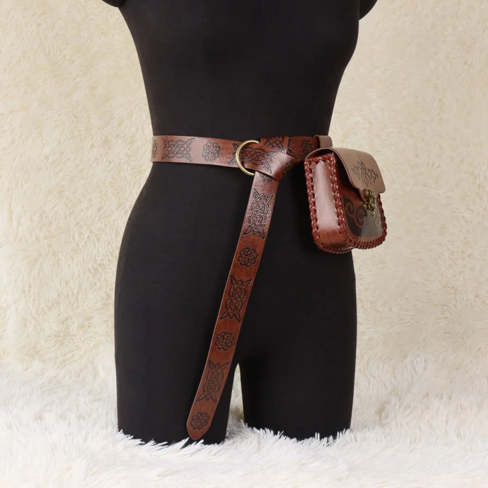 2-piece medieval-themed party belt with waist bag, PU leather belt, role-playing prop, party supplies.
