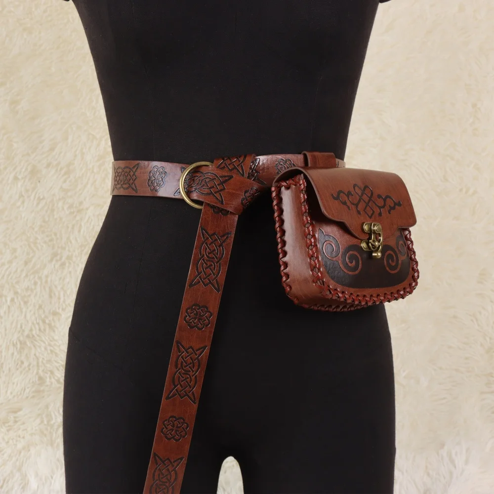 2-piece medieval-themed party belt with waist bag, PU leather belt, role-playing prop, party supplies.