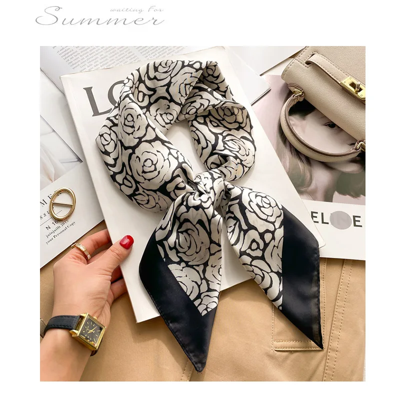 Brand Floral Print Silk Square Scarf Women Soft Satin Kerchief Hairband Neckerchief Head Hijab Lady Headband Foulard Bag Ribbon
