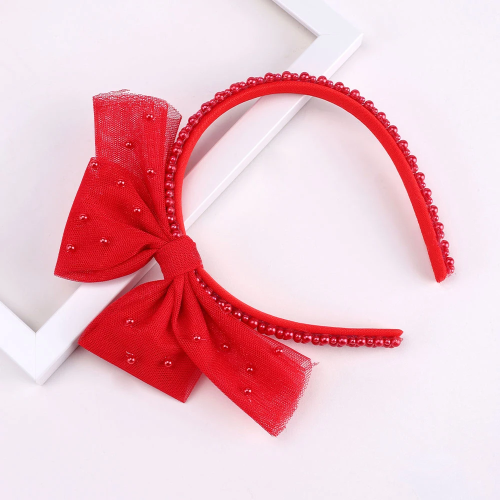 Girls Minimalist Pearl Headband Sweet Large Mesh Bow Handmade Hair Hoop Hair Band For Children Trendy New Daily Hair Accessories