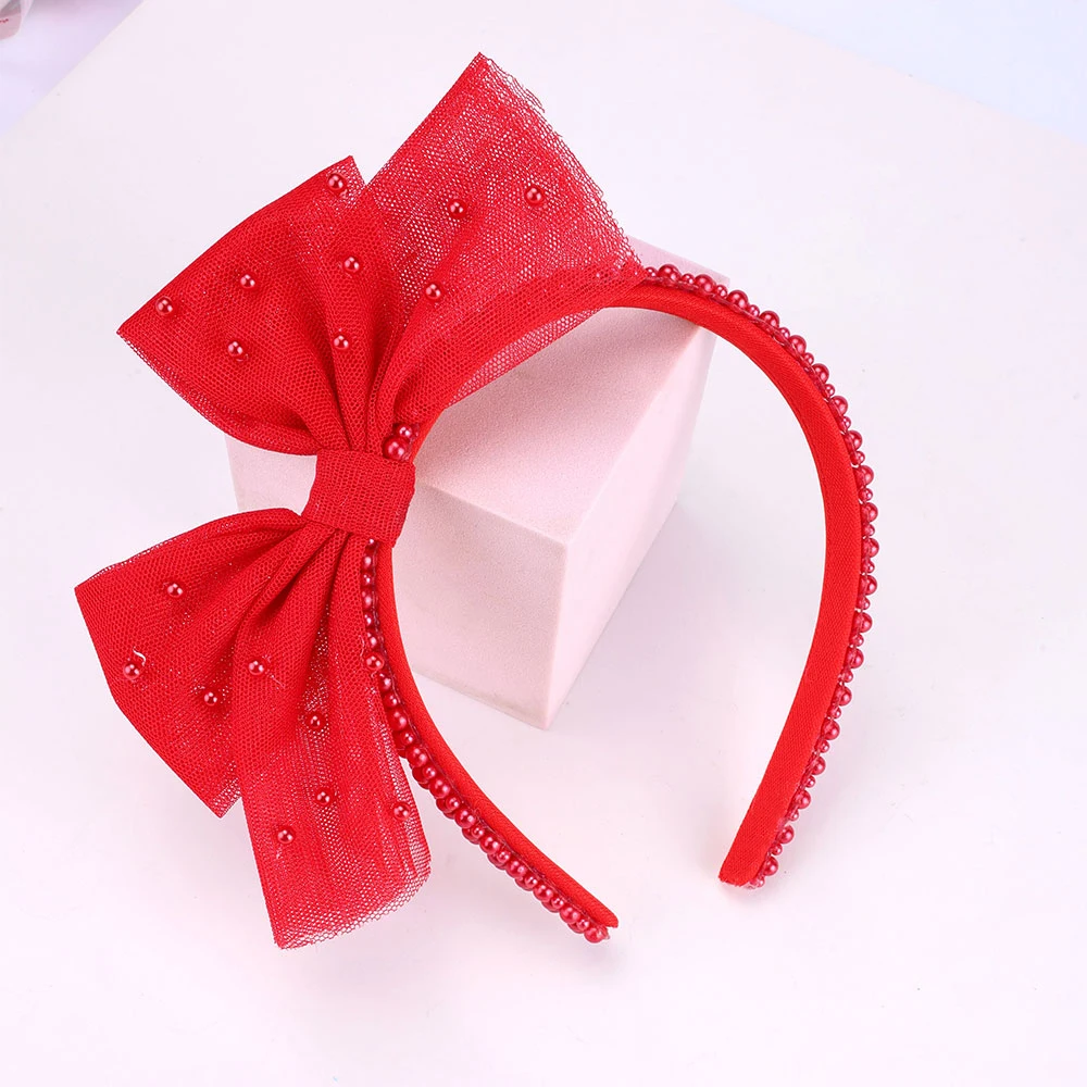 Girls Minimalist Pearl Headband Sweet Large Mesh Bow Handmade Hair Hoop Hair Band For Children Trendy New Daily Hair Accessories