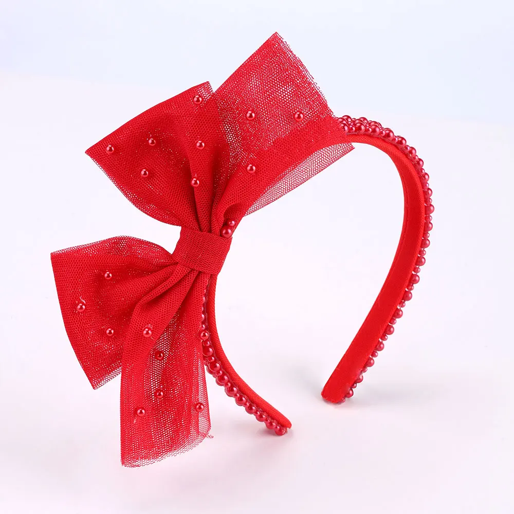 Girls Minimalist Pearl Headband Sweet Large Mesh Bow Handmade Hair Hoop Hair Band For Children Trendy New Daily Hair Accessories