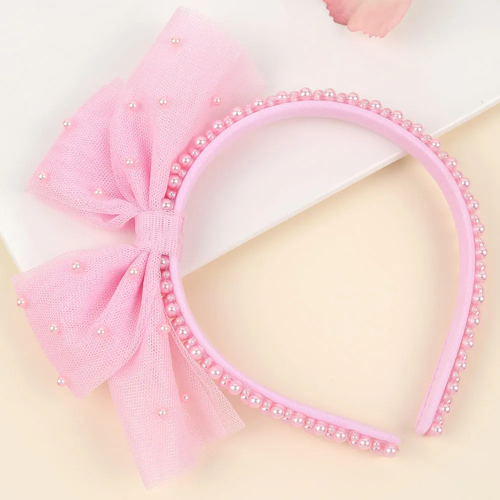 Girls Minimalist Pearl Headband Sweet Large Mesh Bow Handmade Hair Hoop Hair Band For Children Trendy New Daily Hair Accessories