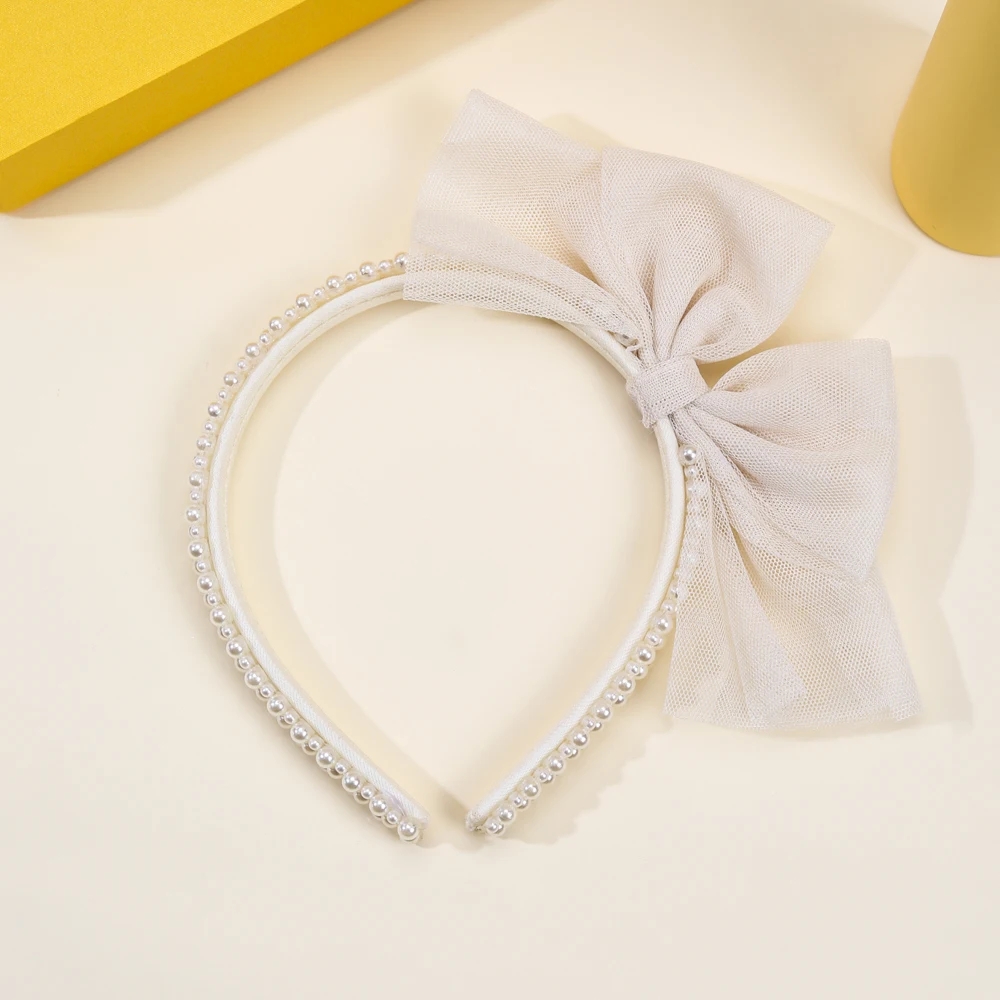 Girls Minimalist Pearl Headband Sweet Large Mesh Bow Handmade Hair Hoop Hair Band For Children Trendy New Daily Hair Accessories