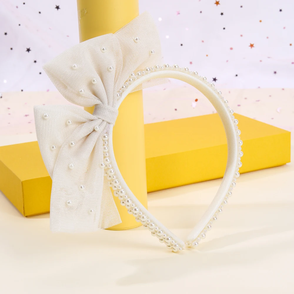 Girls Minimalist Pearl Headband Sweet Large Mesh Bow Handmade Hair Hoop Hair Band For Children Trendy New Daily Hair Accessories