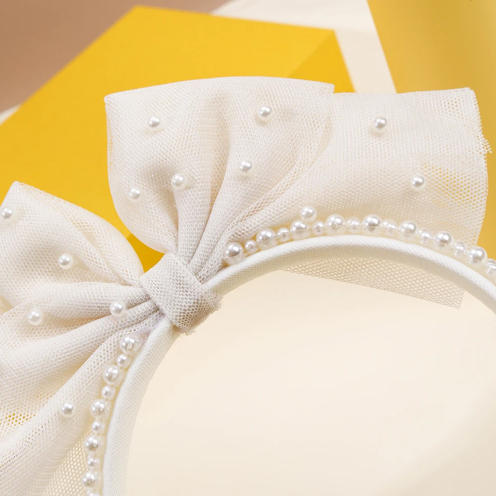 Girls Minimalist Pearl Headband Sweet Large Mesh Bow Handmade Hair Hoop Hair Band For Children Trendy New Daily Hair Accessories