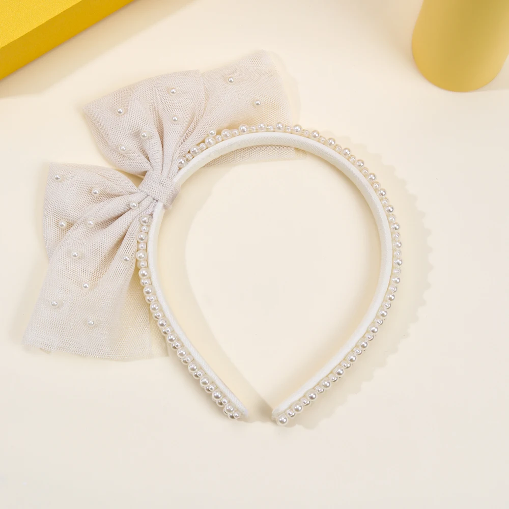 Girls Minimalist Pearl Headband Sweet Large Mesh Bow Handmade Hair Hoop Hair Band For Children Trendy New Daily Hair Accessories