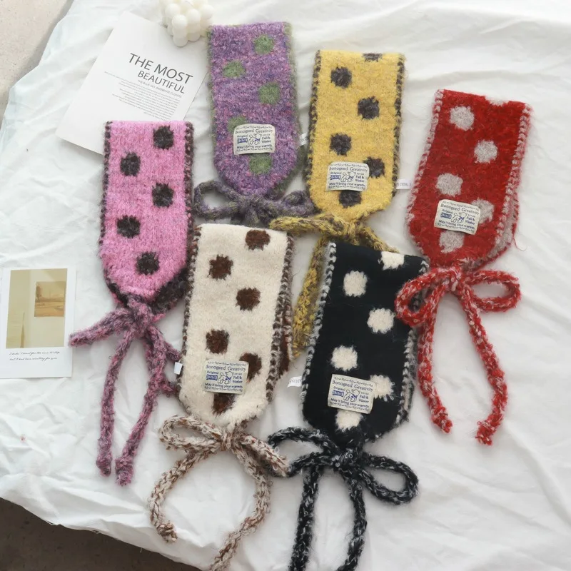 Korean Style Cute Polka-Dot Self-Tie Small Scarf Women's New All-Match Multifunctional Warm Ear Protection Headcloth Earmuffs