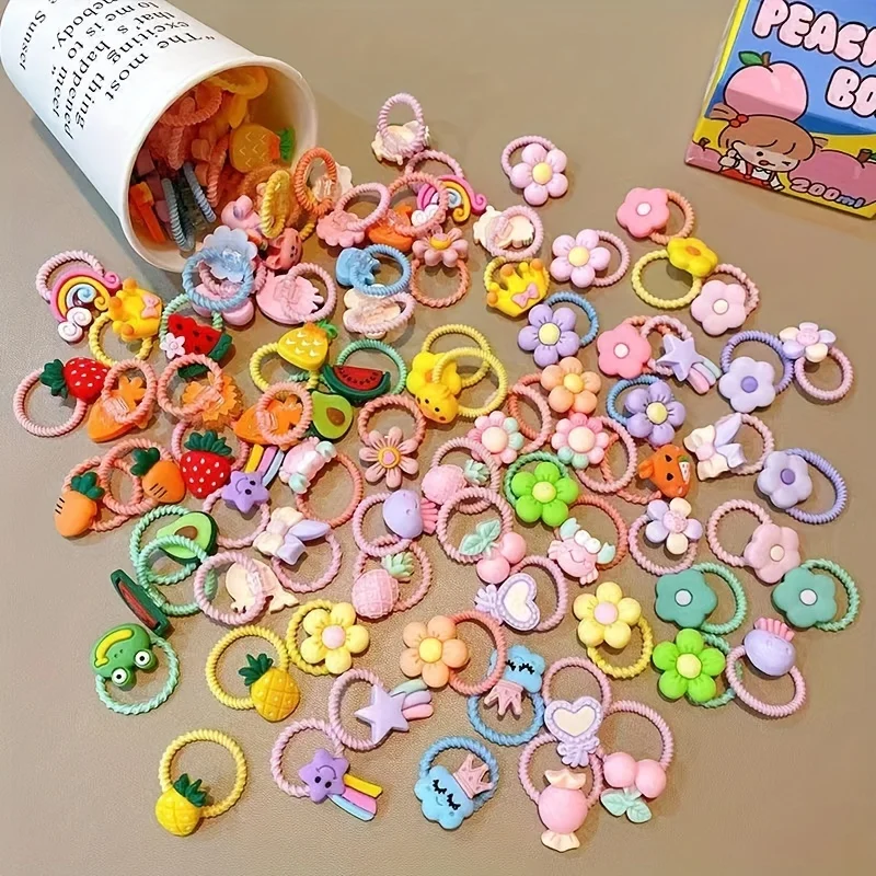 2026 New 30Pcs Girls High Elastic Hair Bands - Pain-Free Cartoon Animal/Fruit/Flower Decorative Hair Ties, Kids Hair Accessories