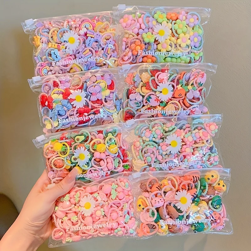 2026 New 30Pcs Girls High Elastic Hair Bands - Pain-Free Cartoon Animal/Fruit/Flower Decorative Hair Ties, Kids Hair Accessories