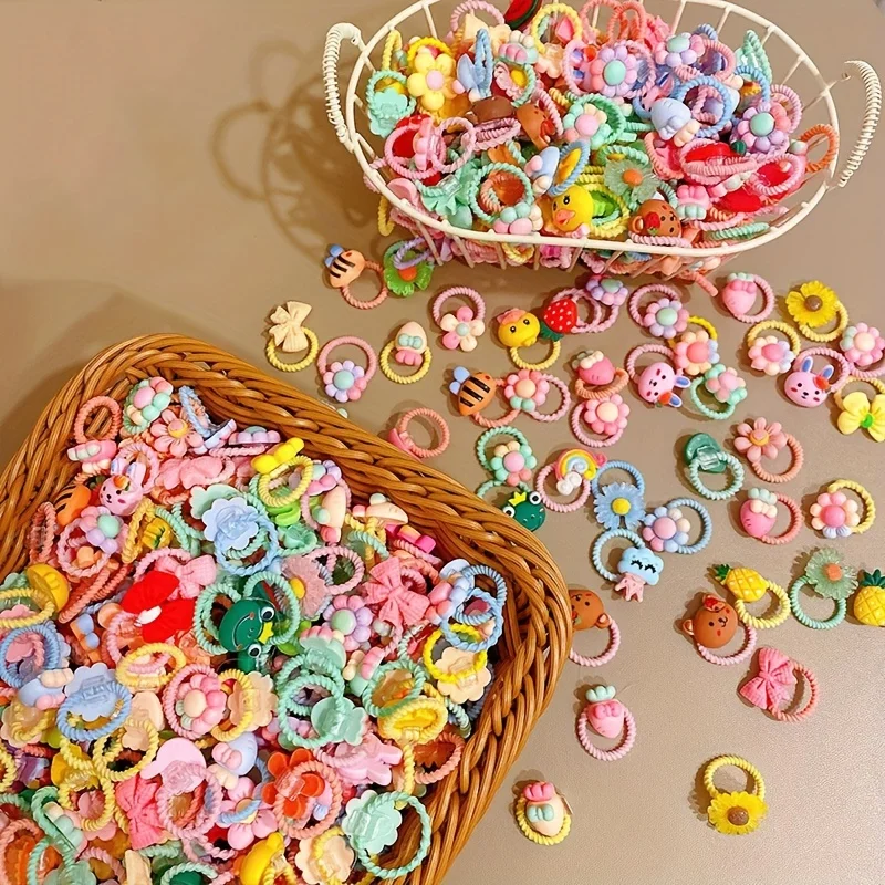 2026 New 30Pcs Girls High Elastic Hair Bands - Pain-Free Cartoon Animal/Fruit/Flower Decorative Hair Ties, Kids Hair Accessories