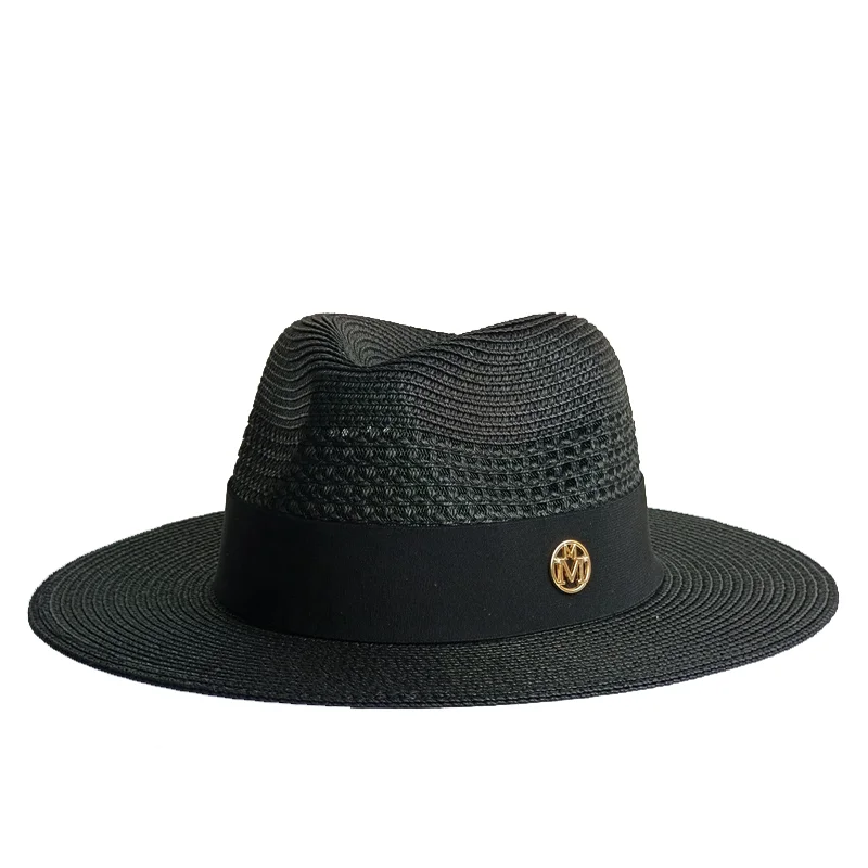 Beach hat straw hat pearl chain DIY flat top sun hat new Korean elastic ribbon hat beach hat candy color sun hat bonnet