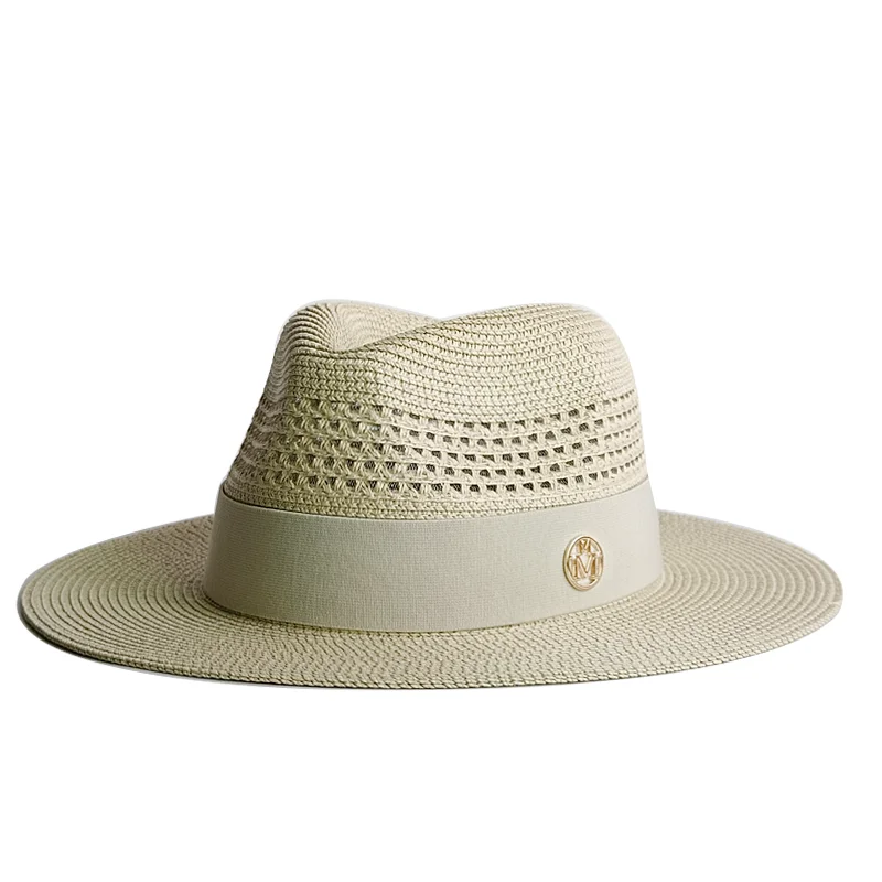 Beach hat straw hat pearl chain DIY flat top sun hat new Korean elastic ribbon hat beach hat candy color sun hat bonnet