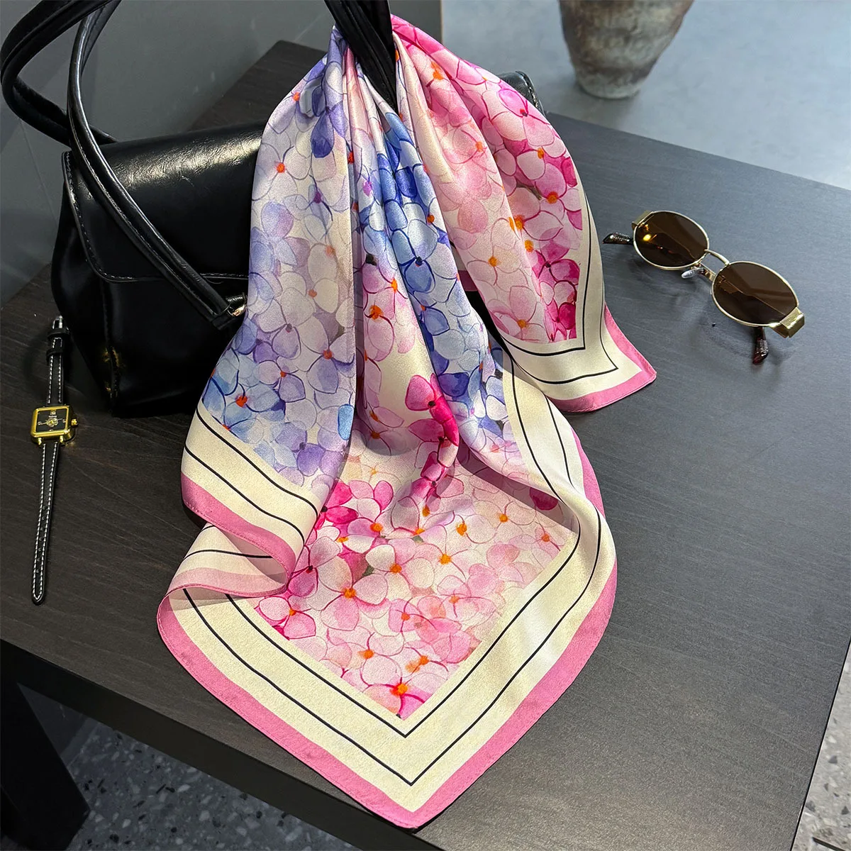 Luxury 100% Mulberry Silk Scarf Women Oil Floral Print Bandana Shawl Lady Neckerchief Handkerchief Female Wrap Christmas Gift