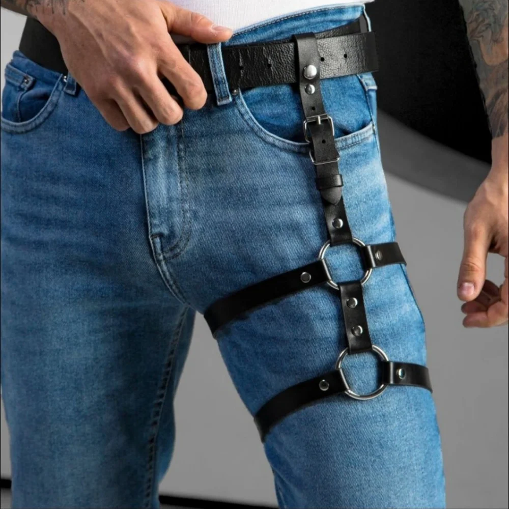 Men's Leather Punk Leg Harness, Harness Leg Garter Caged Thigh Garter Gothic Waist Belt for Rave Party Outfit