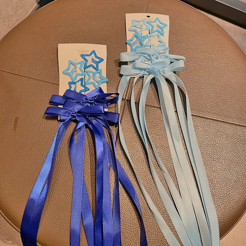 6Pcs/Set Star Shaped Ribbon Hair Clip Colorful Satin Ribbon SideClip Cute Headwear Girls Ladies Party Daily Hairstyle Decoration