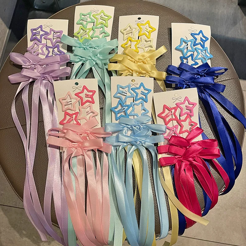 6Pcs/Set Star Shaped Ribbon Hair Clip Colorful Satin Ribbon SideClip Cute Headwear Girls Ladies Party Daily Hairstyle Decoration