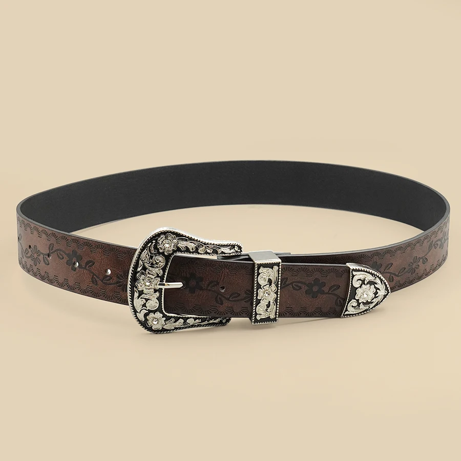 Vintage Carved Buckle Belt for Women Men - Brown Textured Floral Print Western Style Fashion Versatile Waistband Belt