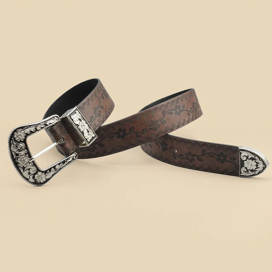 Vintage Carved Buckle Belt for Women Men - Brown Textured Floral Print Western Style Fashion Versatile Waistband Belt