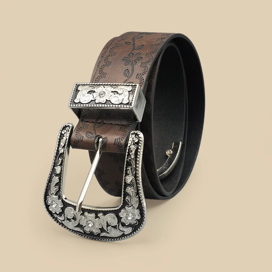 Vintage Carved Buckle Belt for Women Men - Brown Textured Floral Print Western Style Fashion Versatile Waistband Belt