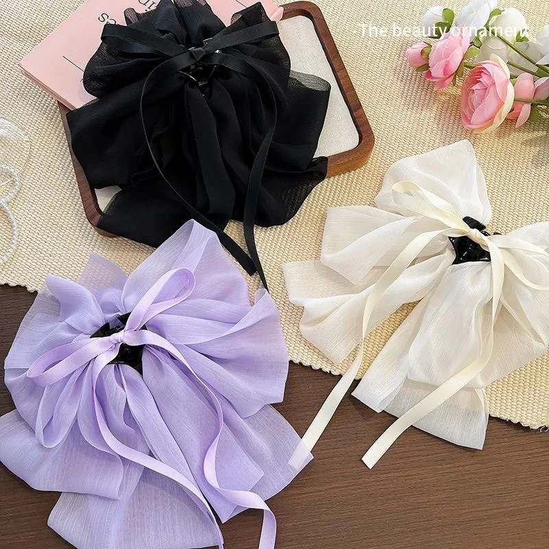 Elegant Simple Mesh Large Bow Hair Clip for Woman Temperament Tassel Bow Hair Pin Fashion Girl's Back of Her Head Hair Claw
