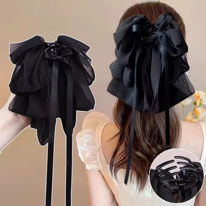 Elegant Simple Mesh Large Bow Hair Clip for Woman Temperament Tassel Bow Hair Pin Fashion Girl's Back of Her Head Hair Claw