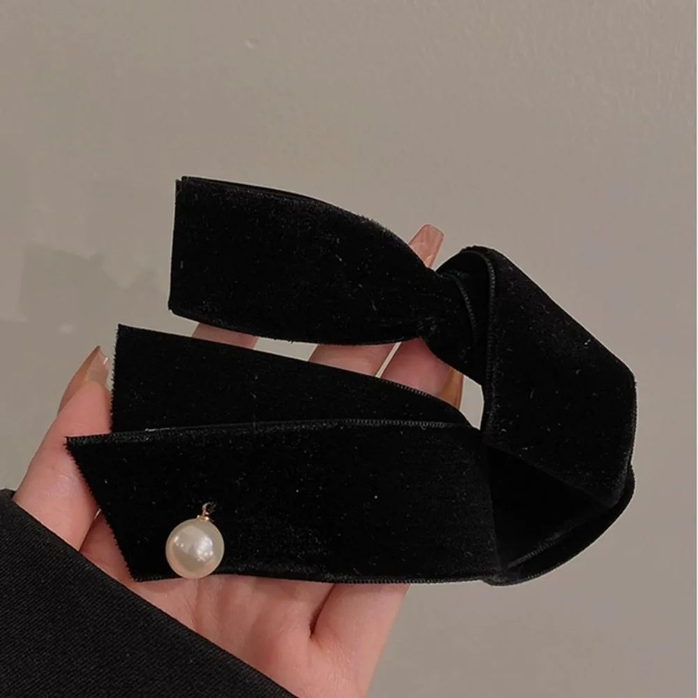 Vintage Velvet Hair Bow For Women Long Ribbon Pearl Hairpin Simple Top Clip Ladies Hairgrips Hair Accessories Korean Style