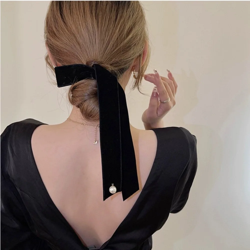 Vintage Velvet Hair Bow For Women Long Ribbon Pearl Hairpin Simple Top Clip Ladies Hairgrips Hair Accessories Korean Style