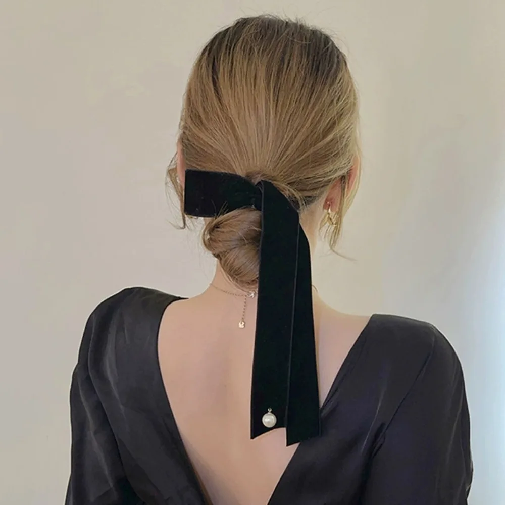 Vintage Velvet Hair Bow For Women Long Ribbon Pearl Hairpin Simple Top Clip Ladies Hairgrips Hair Accessories Korean Style