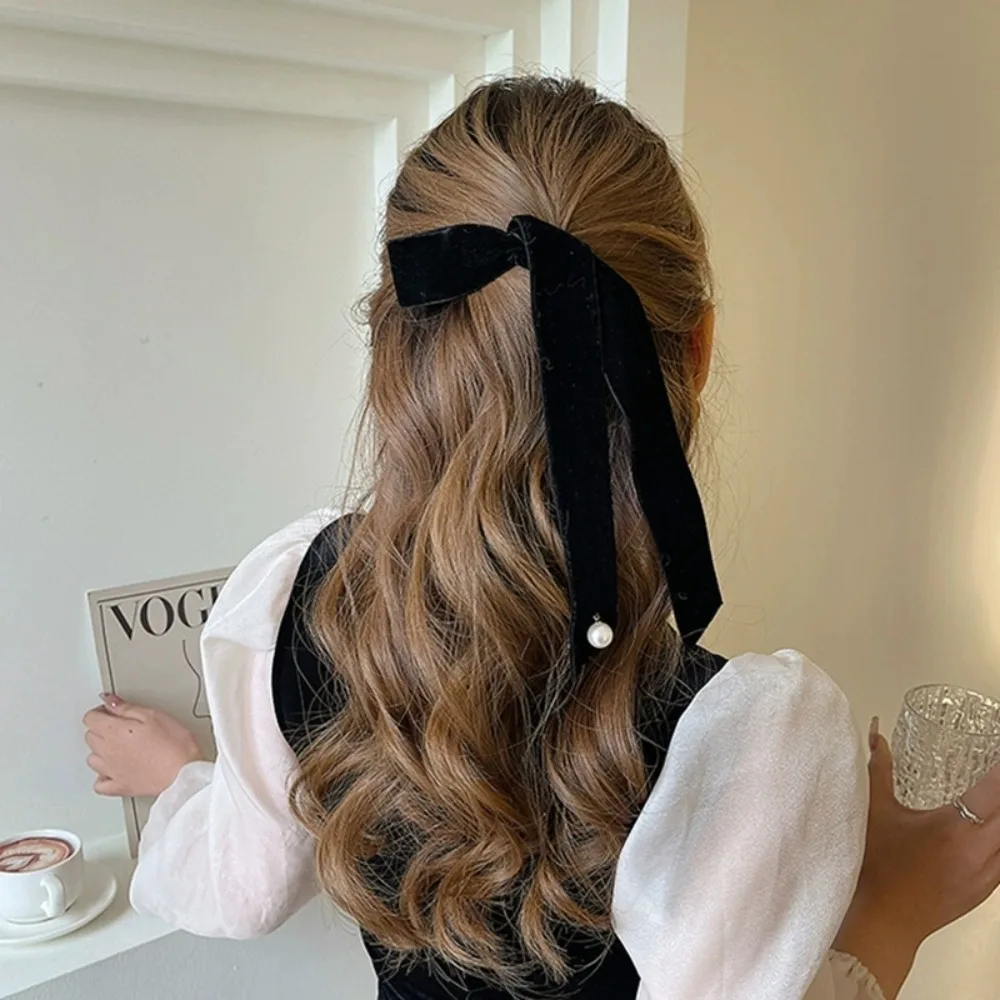 Vintage Velvet Hair Bow For Women Long Ribbon Pearl Hairpin Simple Top Clip Ladies Hairgrips Hair Accessories Korean Style