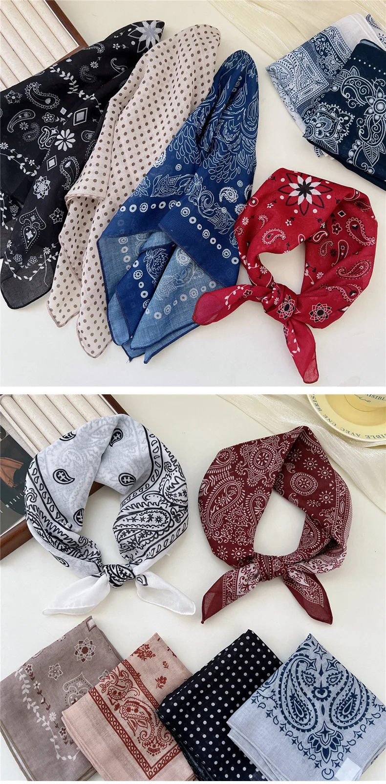 Small Linen-cotton Scarves For Women 58*58cm Lightweight Soft Breathable Neckerchief Boho Print Dot Paisley Bandana Hair Scarf
