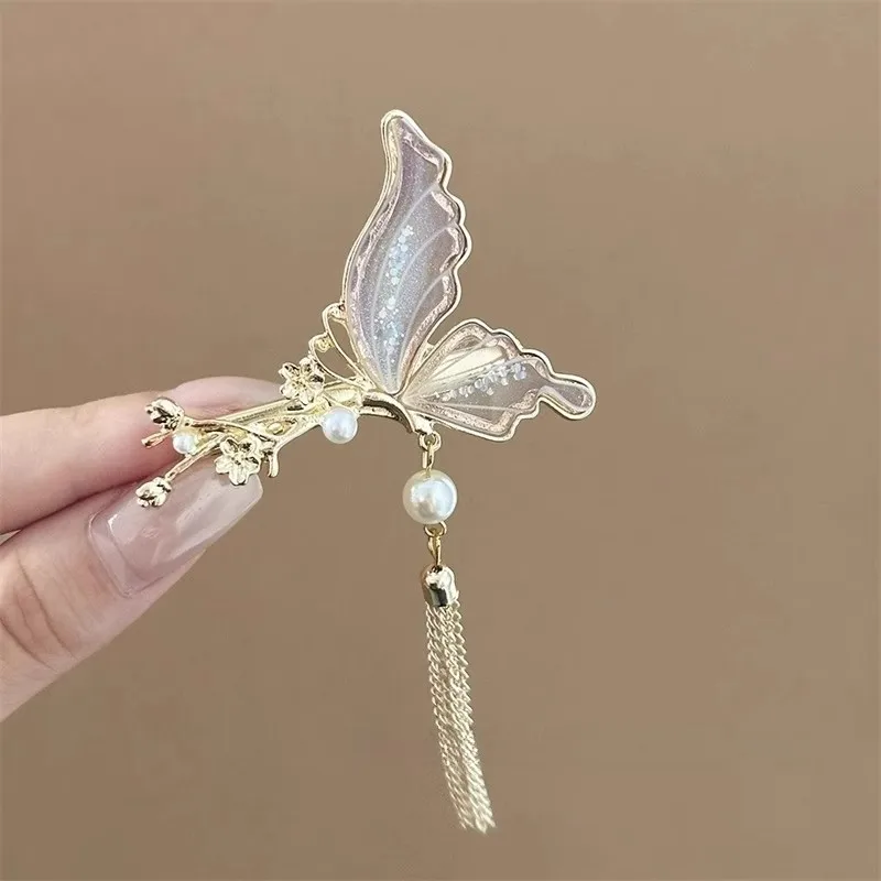 New Chinese-Style Retro Butterfly Tassel Hairpin, High-End Side Clip Hair Accessory, New Chinese Style