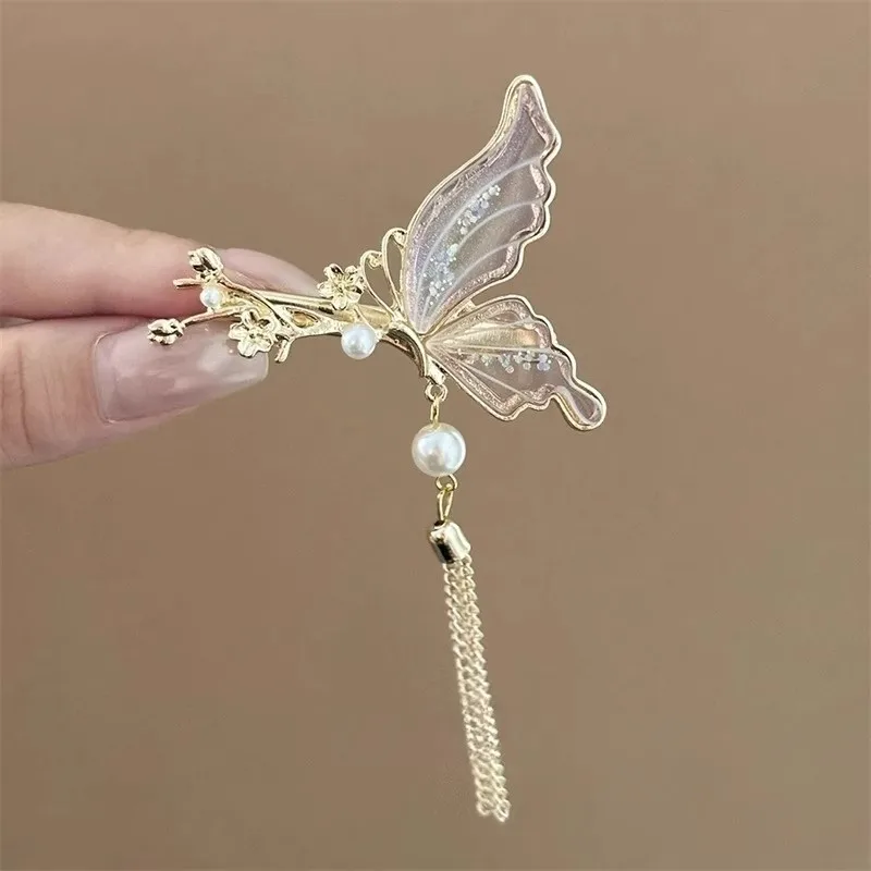 New Chinese-Style Retro Butterfly Tassel Hairpin, High-End Side Clip Hair Accessory, New Chinese Style