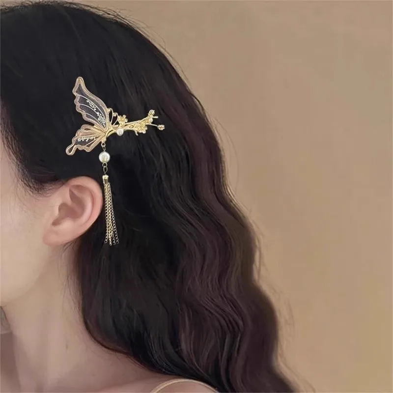 New Chinese-Style Retro Butterfly Tassel Hairpin, High-End Side Clip Hair Accessory, New Chinese Style