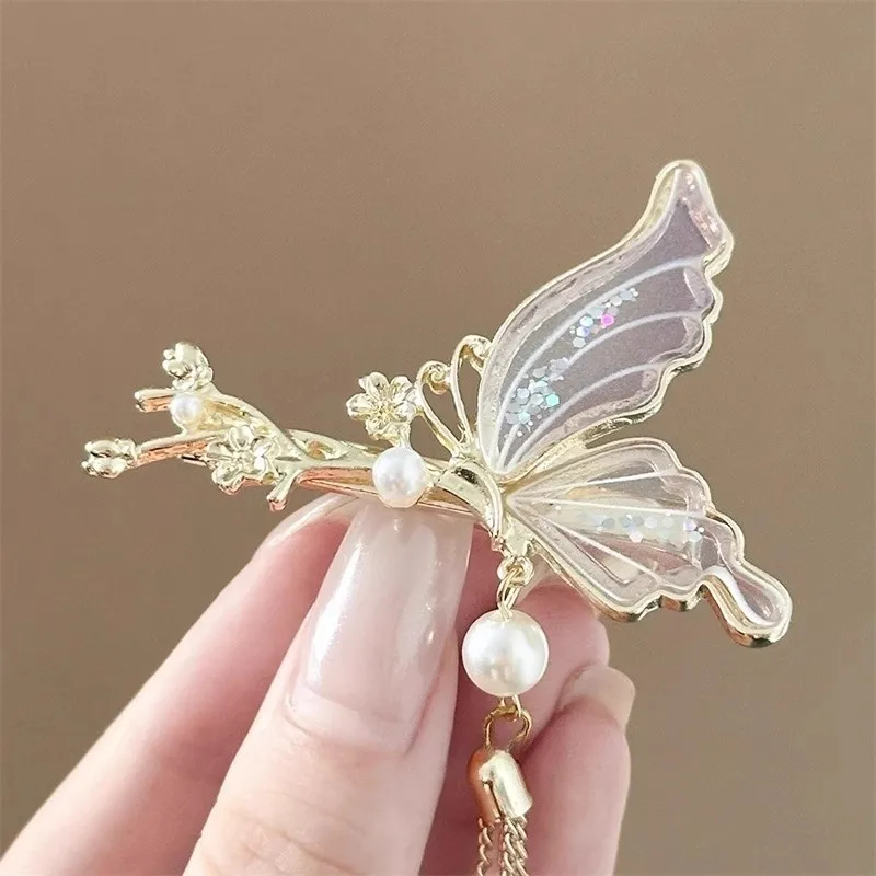 New Chinese-Style Retro Butterfly Tassel Hairpin, High-End Side Clip Hair Accessory, New Chinese Style