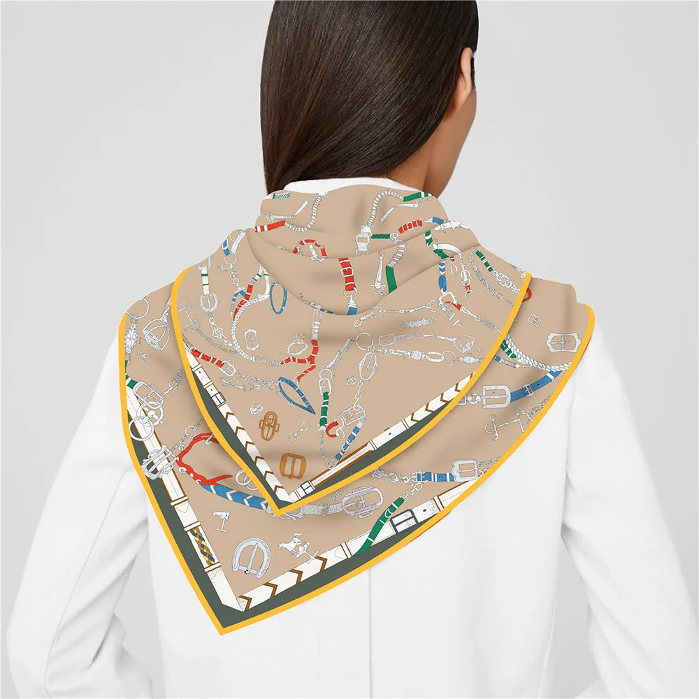 New 90cm Twill Silk Scarf Shawl Luxury Brand Chain Print Square Scarf Women Hijabs Bandana Foulard Neckerchief Head Scarves