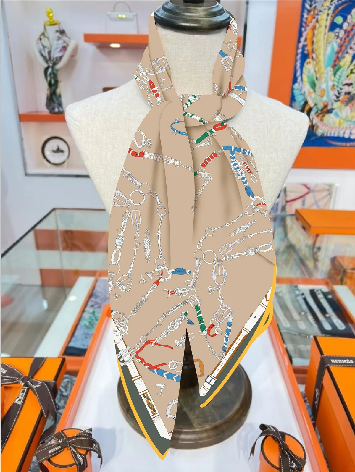 New 90cm Twill Silk Scarf Shawl Luxury Brand Chain Print Square Scarf Women Hijabs Bandana Foulard Neckerchief Head Scarves
