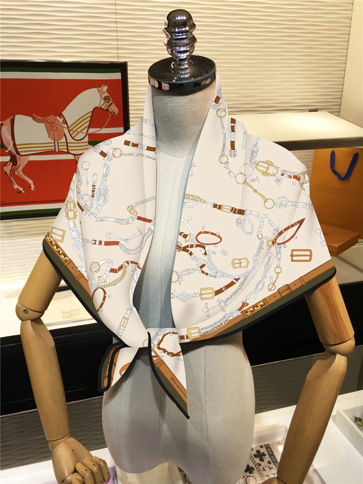 New 90cm Twill Silk Scarf Shawl Luxury Brand Chain Print Square Scarf Women Hijabs Bandana Foulard Neckerchief Head Scarves