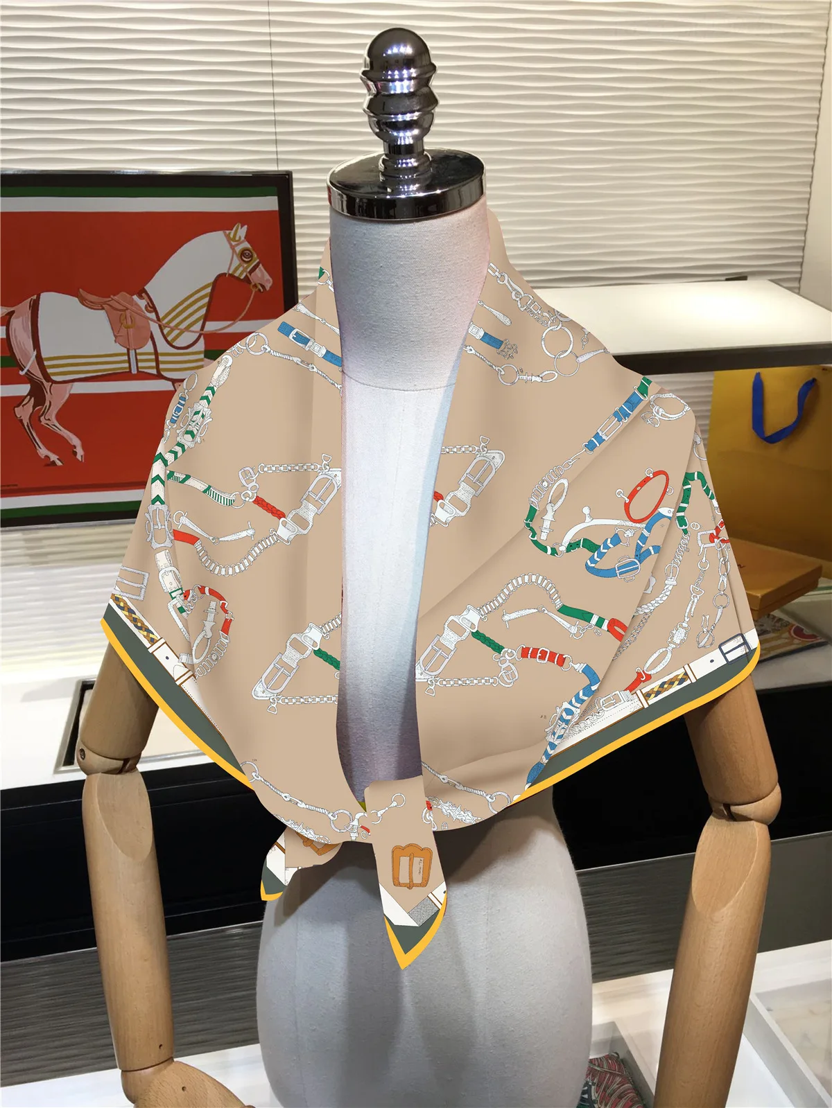New 90cm Twill Silk Scarf Shawl Luxury Brand Chain Print Square Scarf Women Hijabs Bandana Foulard Neckerchief Head Scarves