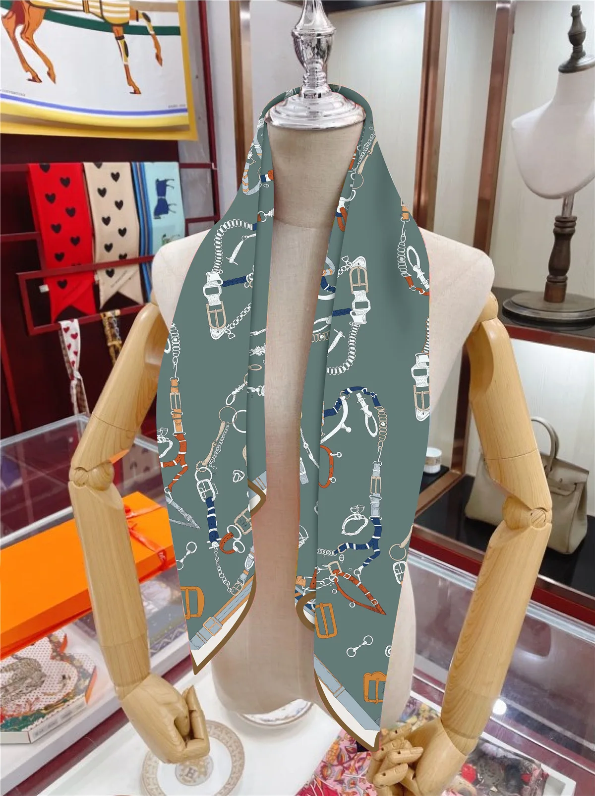 New 90cm Twill Silk Scarf Shawl Luxury Brand Chain Print Square Scarf Women Hijabs Bandana Foulard Neckerchief Head Scarves