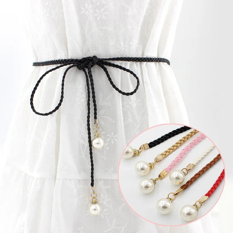 New Arrival Women Fashion Knotted Waist Chain Dress Braided Waist Rope Decorative Pearl Belt for Female