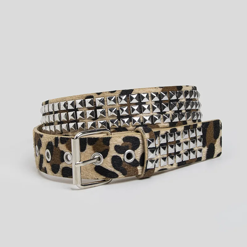 Punk Pink Fur Rivets Belt Fashionable horsehair studded Y2K leopard print belt Girdle Goth Retro Brown Pin Buckle Pu Waistband