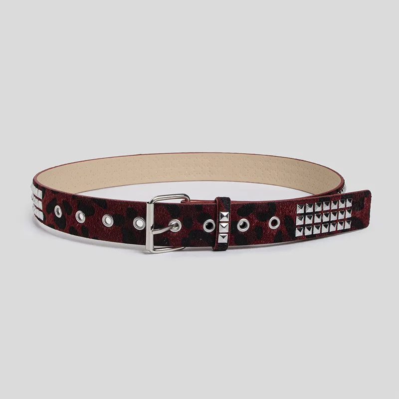 Punk Pink Fur Rivets Belt Fashionable horsehair studded Y2K leopard print belt Girdle Goth Retro Brown Pin Buckle Pu Waistband