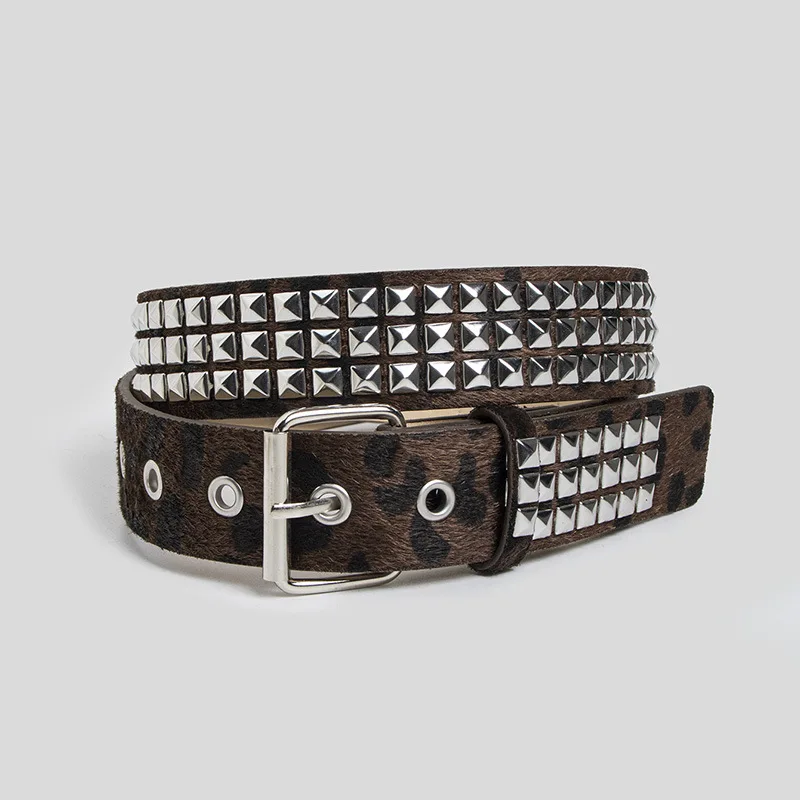 Punk Pink Fur Rivets Belt Fashionable horsehair studded Y2K leopard print belt Girdle Goth Retro Brown Pin Buckle Pu Waistband