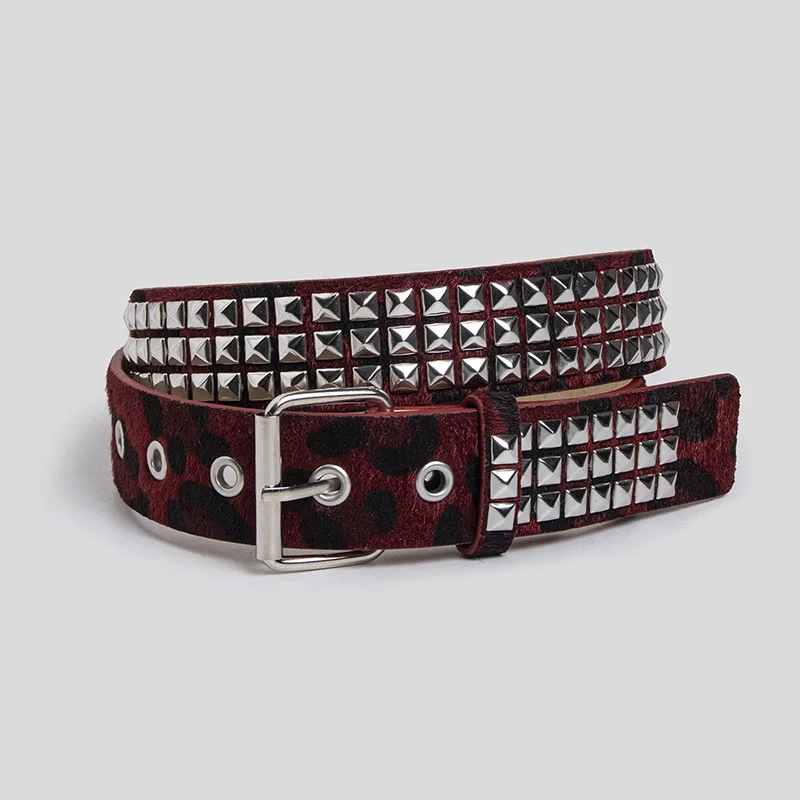 Punk Pink Fur Rivets Belt Fashionable horsehair studded Y2K leopard print belt Girdle Goth Retro Brown Pin Buckle Pu Waistband