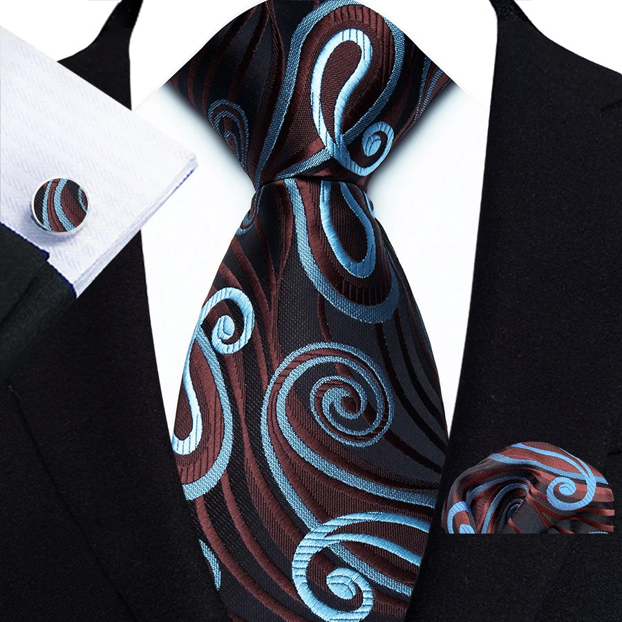 Men's Ties Handkerchief Cufflinks Set Tuxedo Accessories Luxury Brown Stripes Dot Floral Neckties For Party Dinner Wedding