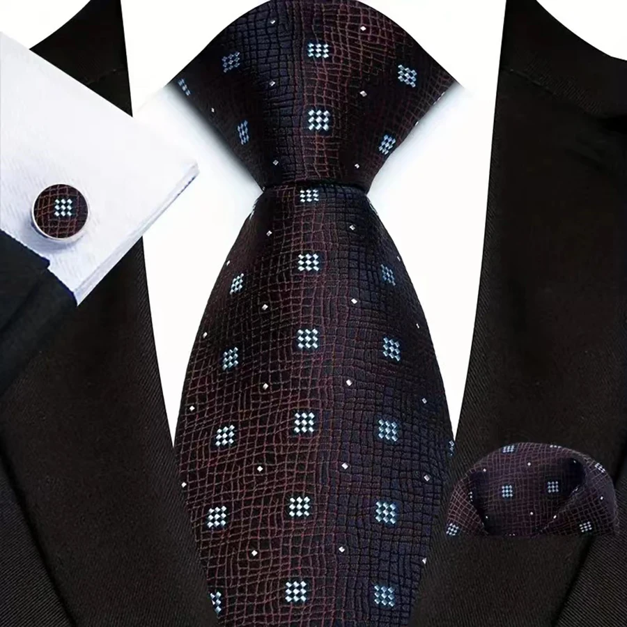 Men's Ties Handkerchief Cufflinks Set Tuxedo Accessories Luxury Brown Stripes Dot Floral Neckties For Party Dinner Wedding