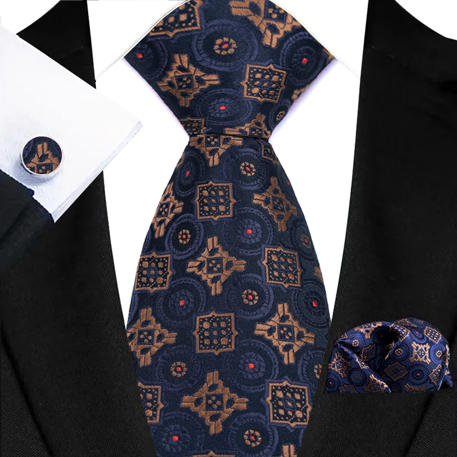 Men's Ties Handkerchief Cufflinks Set Tuxedo Accessories Luxury Brown Stripes Dot Floral Neckties For Party Dinner Wedding