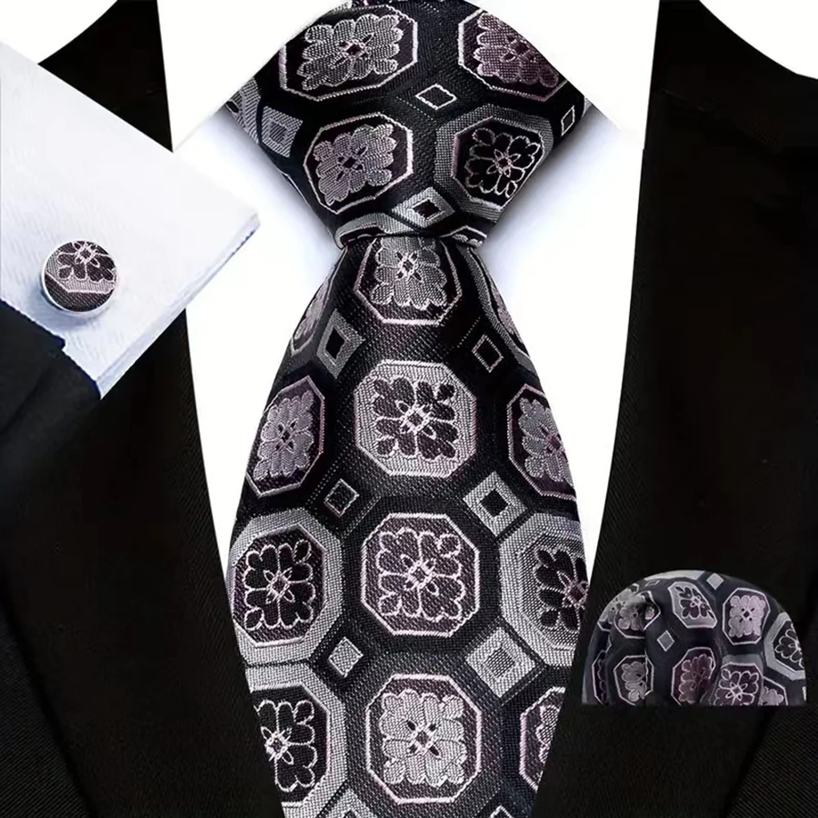 Men's Ties Handkerchief Cufflinks Set Tuxedo Accessories Luxury Brown Stripes Dot Floral Neckties For Party Dinner Wedding